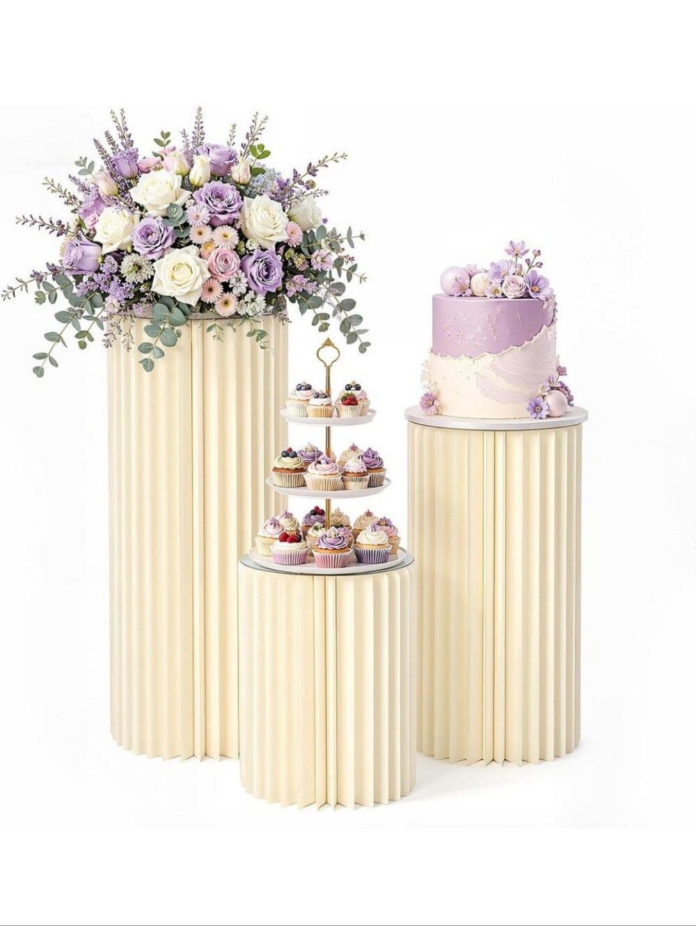 Set Of 3 Elegant Ivory Column Display Pedestals for Events - Cream